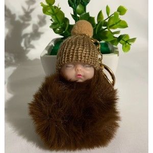 Cute Sleeping Baby  Fur Ball Hat Plush Doll Pendent Unisex Key Chain